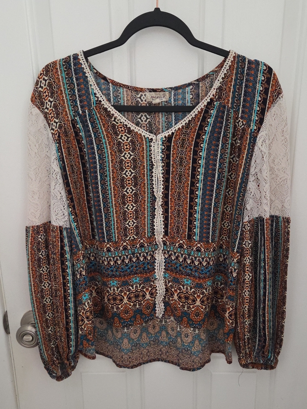 ONE WORLD Multi-Stripe Boho Tunic with Lace Sleeves